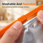 A set of 10 reusable aluminum foil sealable storage bags for kitchen use, featuring clear design and resealable closures.