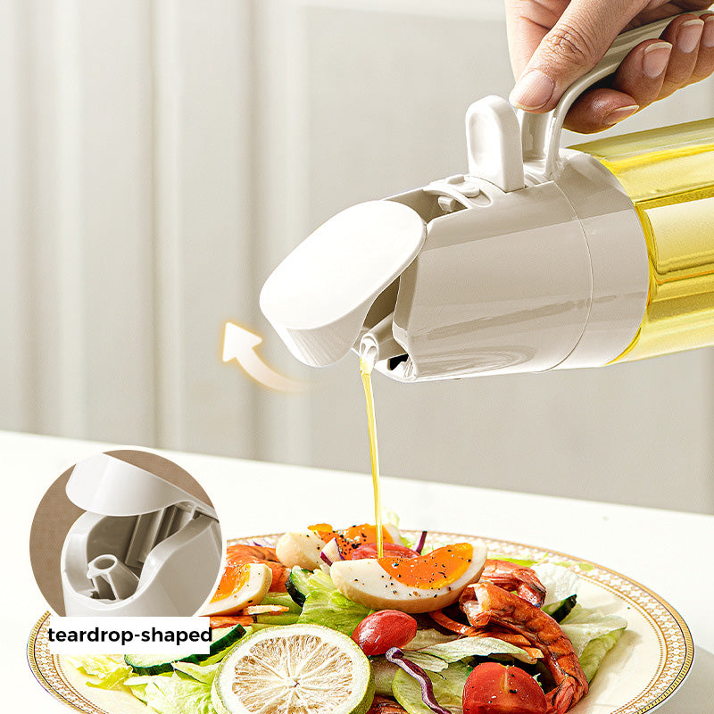 Arenzza leak-proof glass oil bottle for spray and pouring, designed for kitchen use with a clear glass body and adjustable spray nozzle.