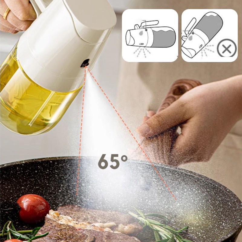 Aarenza leak-proof glass oil bottle with spray and pour spout for kitchen use, featuring a clear glass design and ergonomic handle.