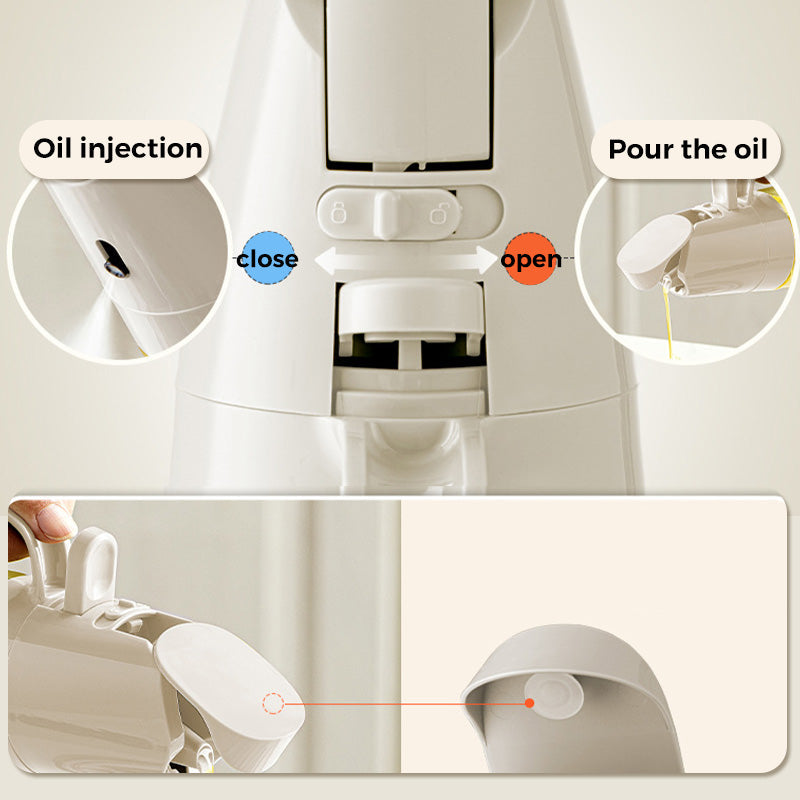 Arenzza leak-proof glass oil bottle with spray and pour spout for kitchen use, shown with oil inside and a clear glass design.
