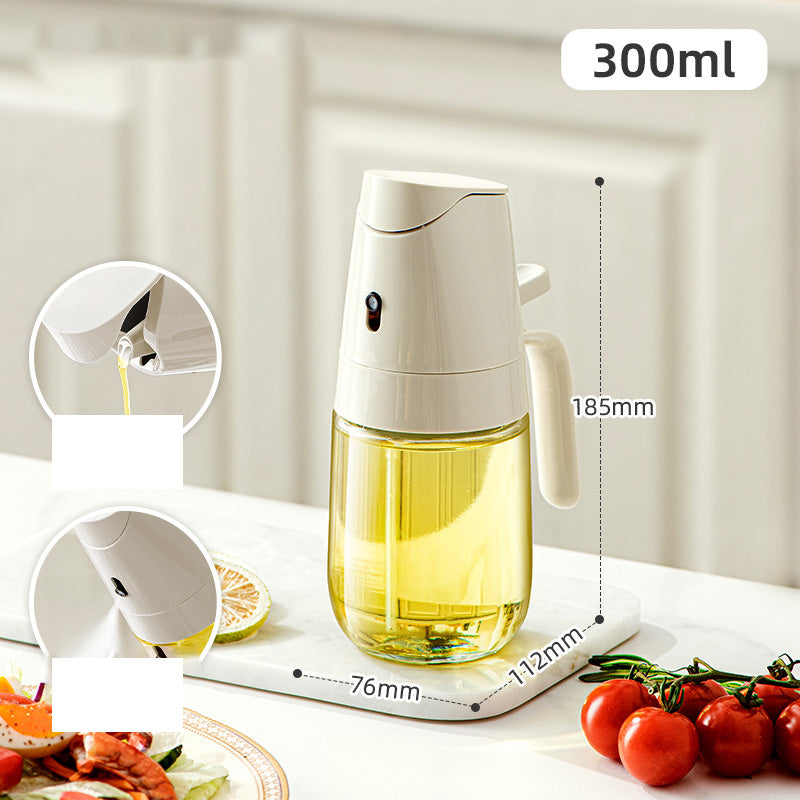 Arenzza leak-proof glass oil bottle with spray and pour spout, ideal for kitchen use, showcasing its sleek design and functional features.