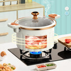 Arenzza multifunctional non-stick micro pressure cooker on a kitchen countertop, showing its compact design and non-stick surface.