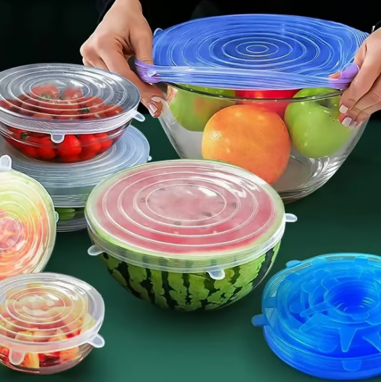 Set of six Arenzza silicone food storage lids in various sizes, flexible and airtight for kitchen food preservation.