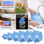 A set of six Arenzza silicone lids for food storage, flexible and airtight, shown covering bowls and containers in a kitchen setting.