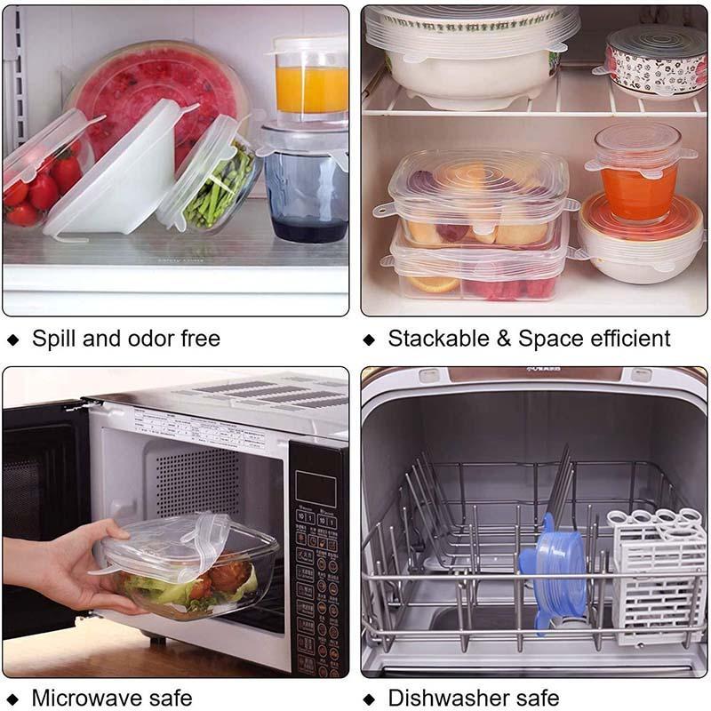 A set of six Arenzza silicone food storage lids in various sizes, shown on a kitchen countertop with fresh food.
