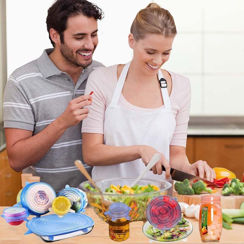 A set of six Arenzza silicone lids for food storage, flexible and colorful, fitting various bowls and containers in a kitchen setting.