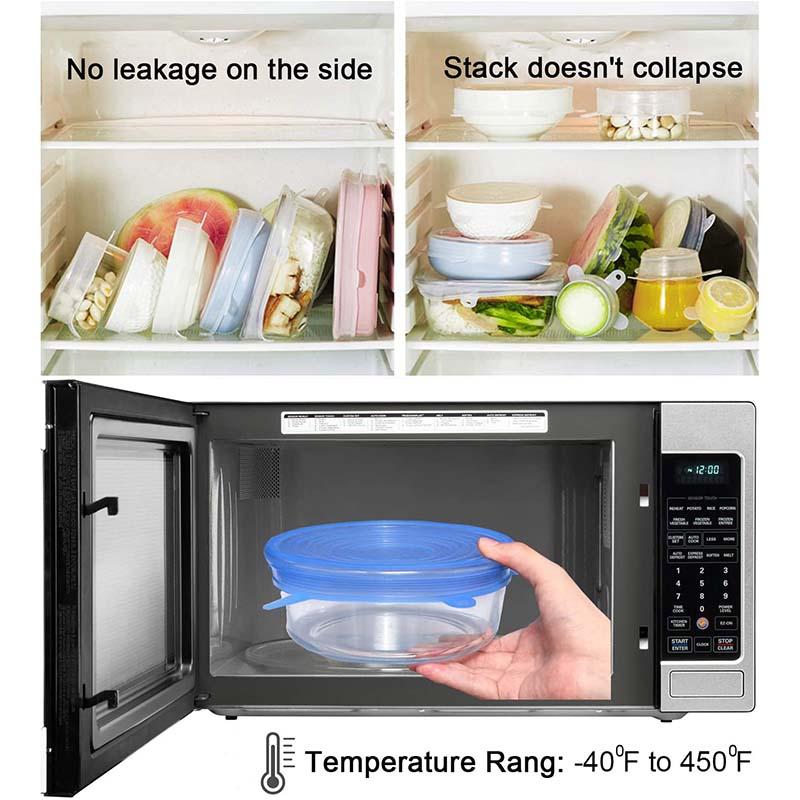 A set of six Arenzza silicone food storage lids in various sizes, flexible and airtight, on a kitchen countertop.