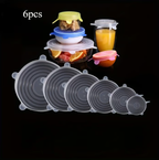 A set of six Arenzza silicone food storage lids in various sizes, flexible and colorful, on a kitchen countertop.