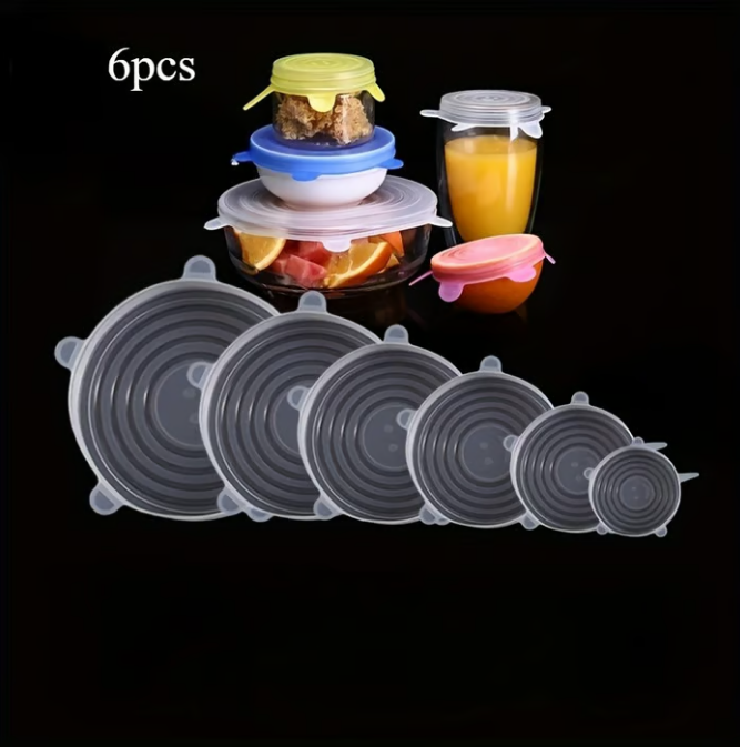 A set of six Arenzza silicone food storage lids in various sizes, flexible and colorful, on a kitchen countertop.