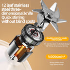 Arenzza portable wireless juicer with 12-blade system for fresh juice; compact kitchen appliance on a white background.