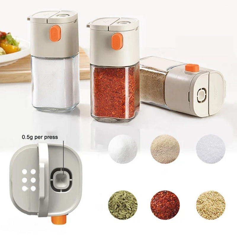 Arenzza multifunctional kitchen salt and seasoning dispenser with adjustable measurement controls and transparent container.