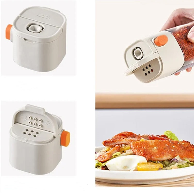 Arenzza multifunctional kitchen salt and seasoning dispenser with precise pouring and adjustable settings, shown with salt and spices.