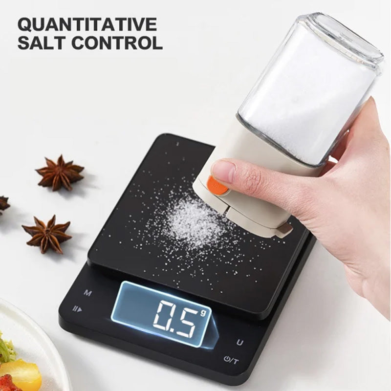 Arenzza multifunctional kitchen salt and seasoning dispenser with adjustable control and clear measurement markings.