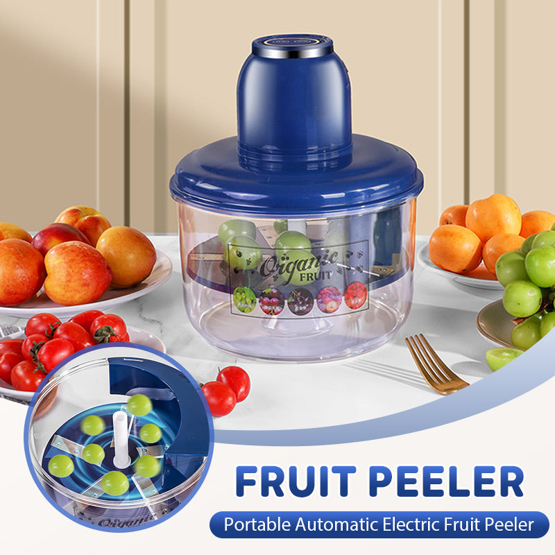 Aarenza portable automatic electric fruit peeler in a kitchen setting, showing the compact design and peel removal mechanism.
