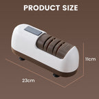 Arenzza professional electric knife sharpener for kitchen use, showcasing the device with sharpening slots and control buttons.