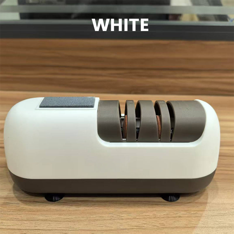 Arenzza professional electric knife sharpener in a kitchen setting, showing the device with sharpening slots and control buttons.