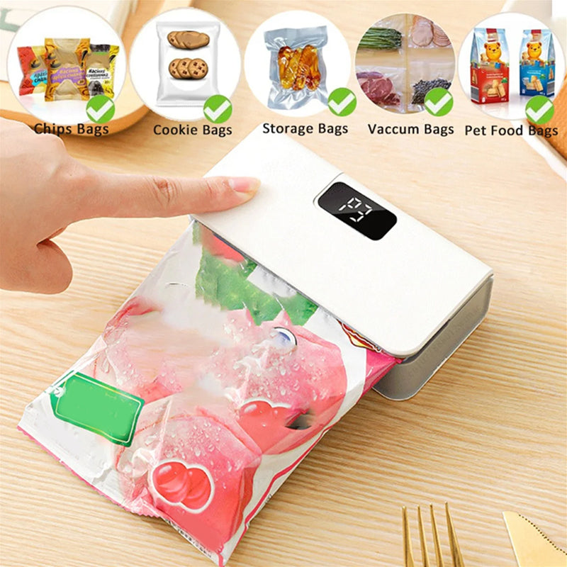 Arenzza Rechargeable 2-in-1 Mini Bag Sealer with Cutter for kitchen use, shown sealing and cutting plastic bags.