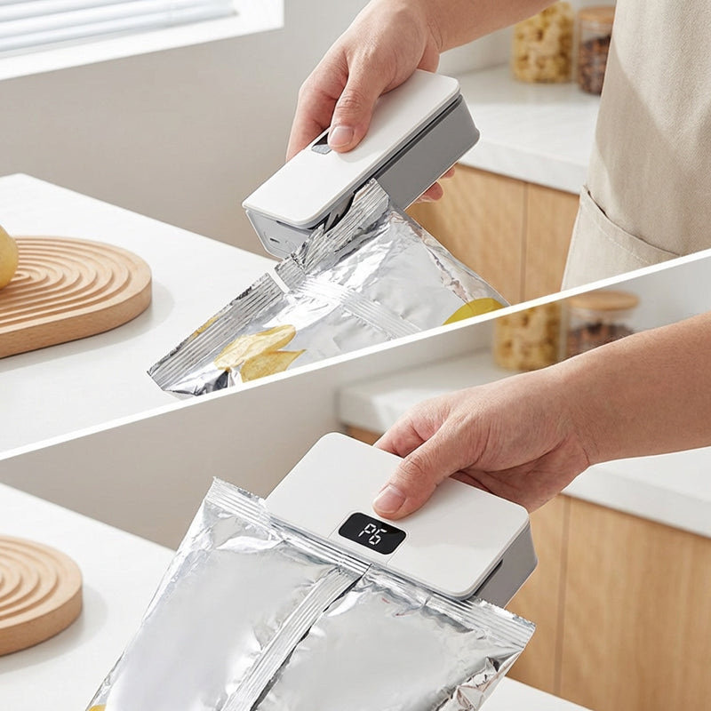 Arenzza rechargeable 2-in-1 mini bag sealer with cutter for kitchen use, showing the compact device with sealing and cutting features.