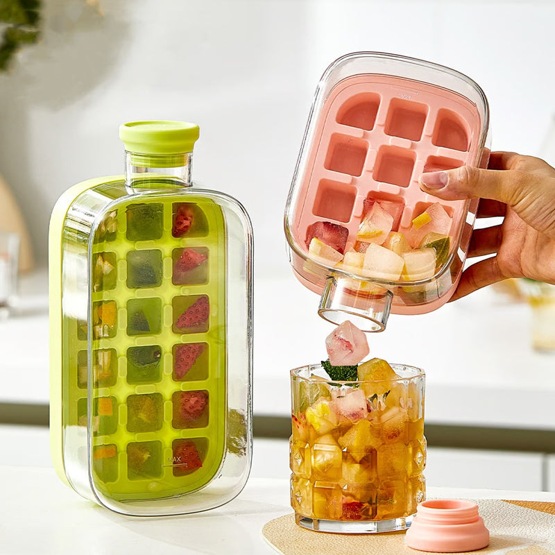 Arenzza press-to-cold ice cube mold and kettle set for kitchen use, with the mold showing stacked ice cubes and the kettle nearby.