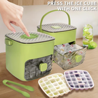 Arenzza ice cube maker with storage container for kitchen, showing stacked ice cubes in a clear tray and storage box.