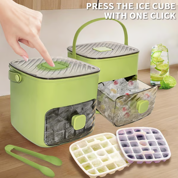 Arenzza ice cube maker with storage container for kitchen, showing stacked ice cubes in a clear tray and storage box.