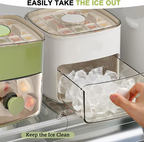 Arenzza Ice Cube Maker with Storage in a kitchen setting, showing clear ice cubes in the tray and built-in storage compartment.
