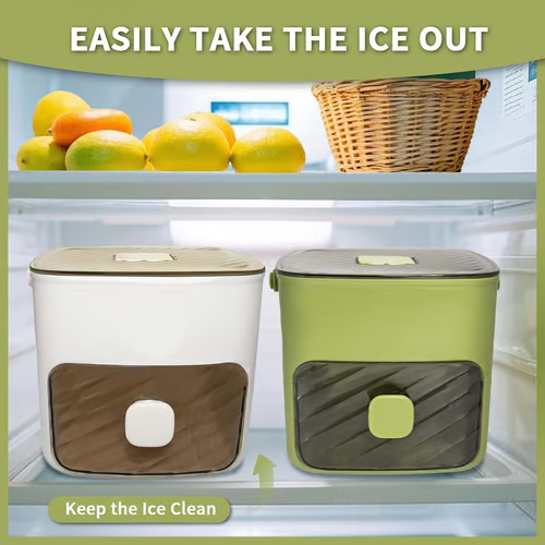 Arenzza ice cube maker with storage container for kitchen use, showing clear plastic compartments filled with ice cubes.