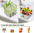 Arenzza ice cube maker with storage container for kitchen use, showing clear ice cubes and compact design.