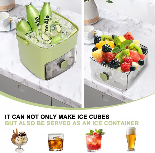 Arenzza ice cube maker with storage container for kitchen use, showing clear ice cubes and compact design.