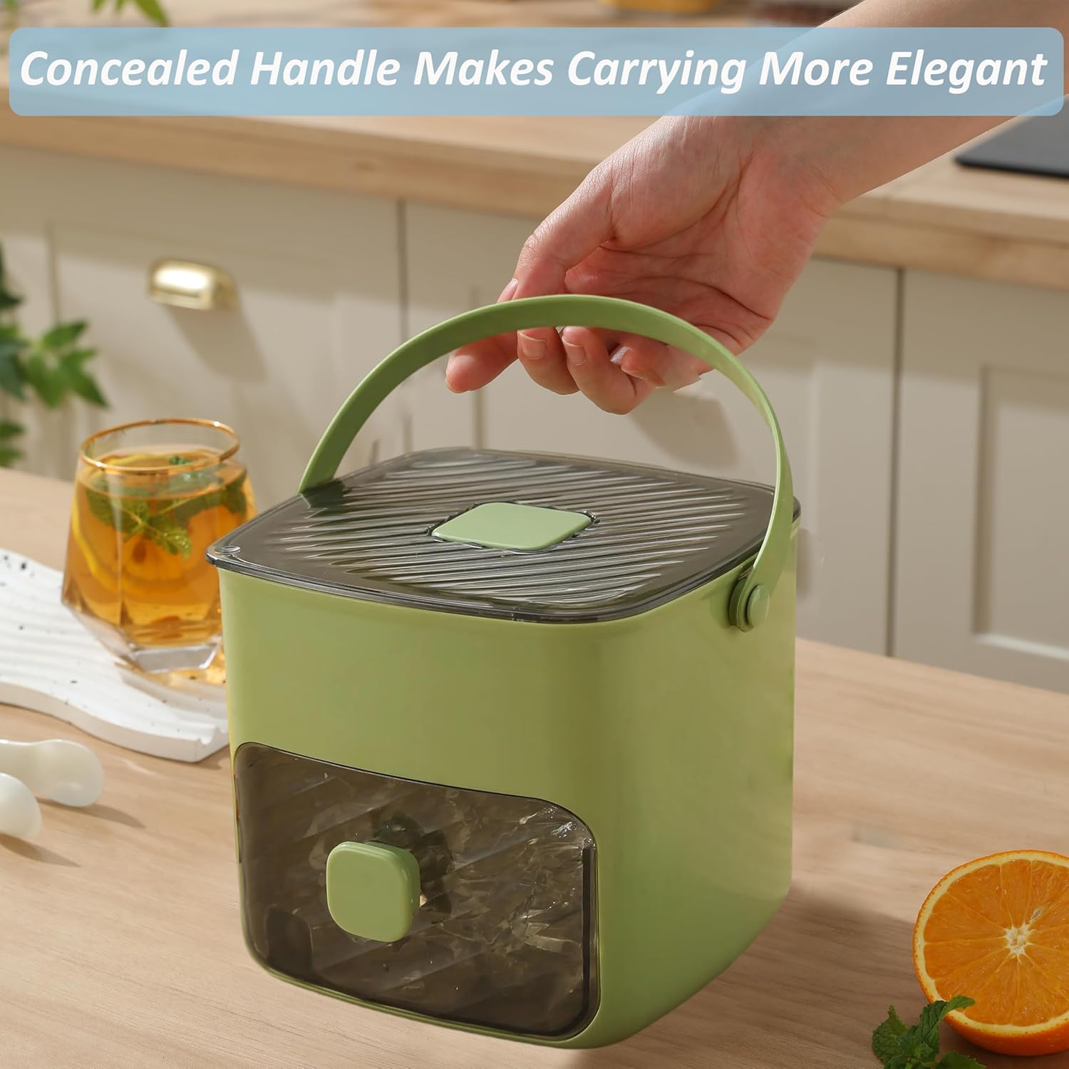 Arenzza ice cube maker with storage container for kitchen use, featuring clear plastic design and multiple ice cubes inside.