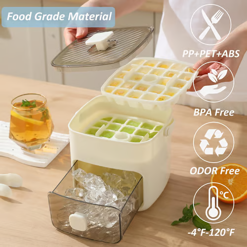Arenzza ice cube maker with storage container, compact kitchen appliance for making and storing ice cubes.