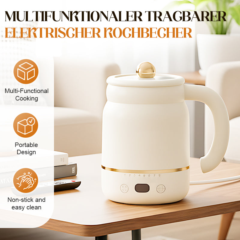 Aarenza multifunctional portable electric cooking mug on a kitchen counter, showing its sleek design and digital control panel.
