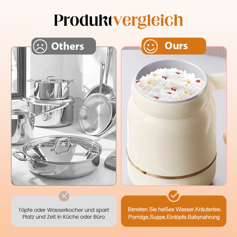 Aarenzza multifunctional portable electric cooking mug in kitchen setting with digital display and sleek design for heating on the go.