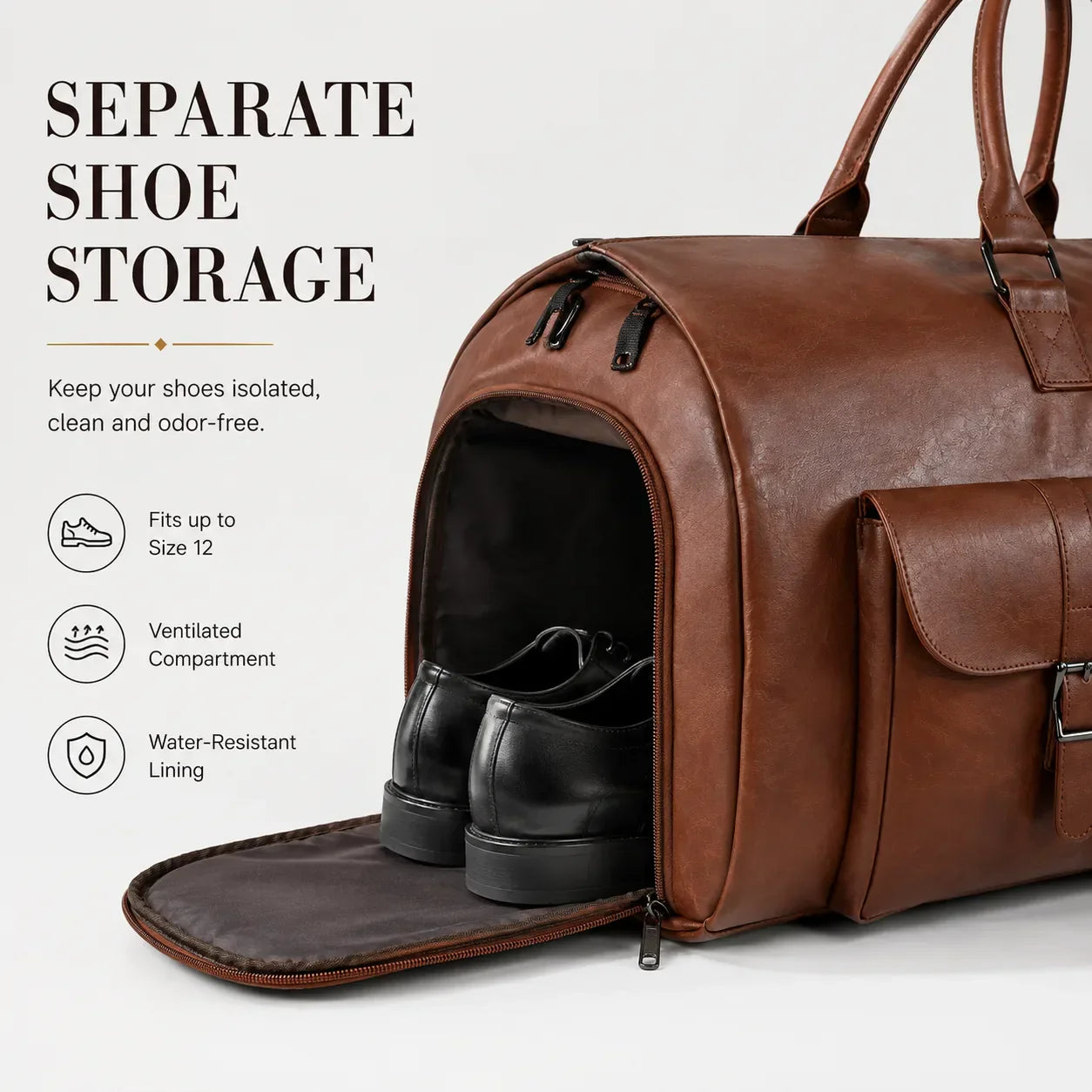 Arenzza 3-in-1 convertible duffle bag with multiple compartments and adjustable straps, shown in black on a plain background.