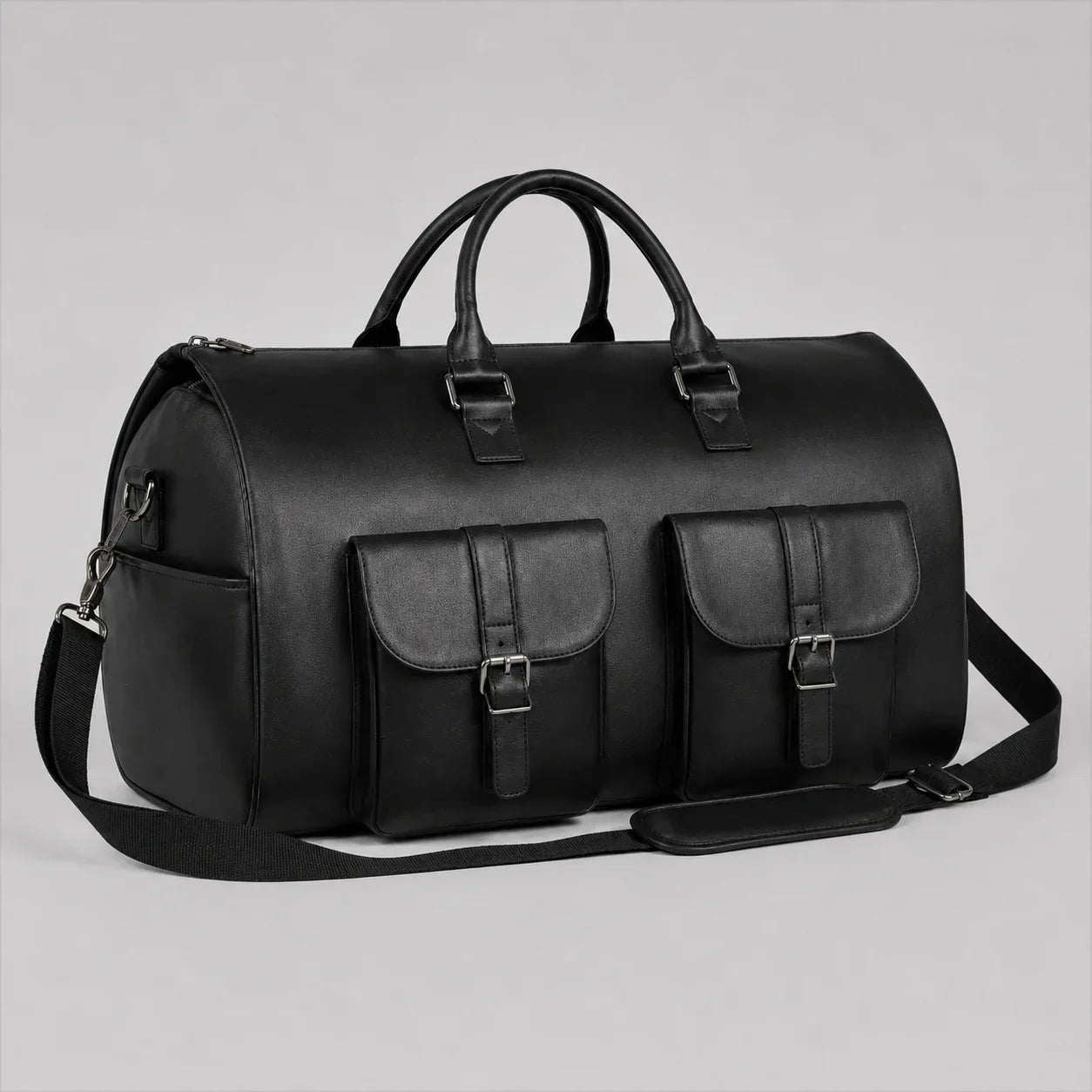 Arenzza 3-in-1 convertible duffle bag in black showing multiple carrying options and spacious main compartment.