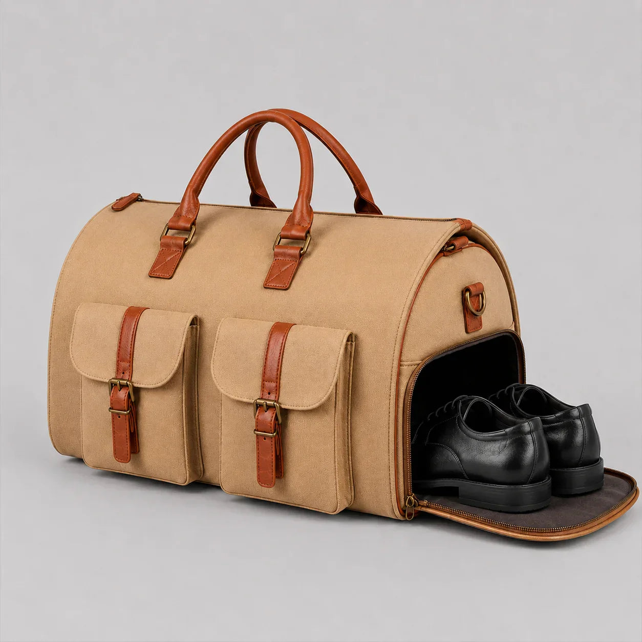 Aarenzza 3-in-1 convertible duffle bag with multiple compartments, black nylon exterior, and adjustable shoulder strap.
