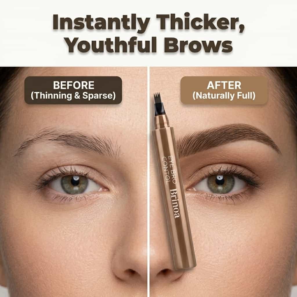 Arenzza waterproof microblading eyebrow pen showing before and after application with natural, defined eyebrows and smudge-proof 12-hour wear.