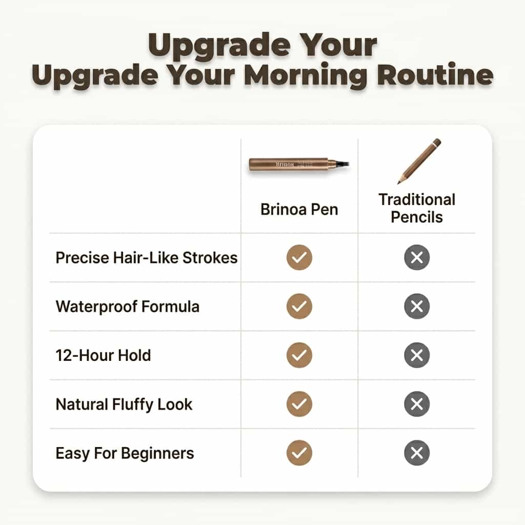 Aarenzza waterproof microblading eyebrow pen with smudge-proof 12-hour wear, shown in a comparison table image.