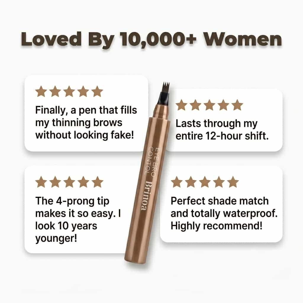 Arenzza waterproof microblading eyebrow pen with smudge-proof 12-hour wear, displayed on a social proof wall with multiple positive reviews.