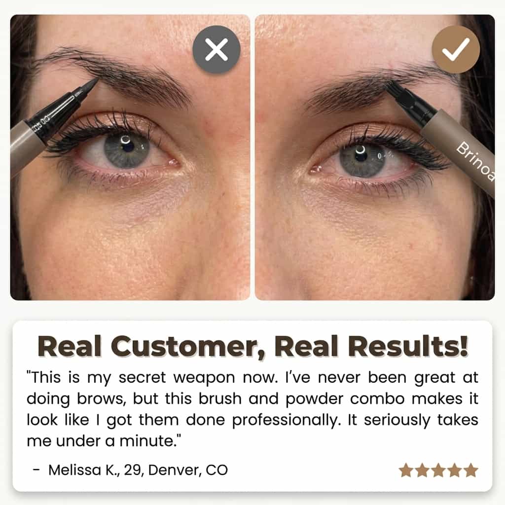 Arenzza waterproof microblading eyebrow pen with smudge-proof, 12-hour wear, displayed with a close-up of the pen and eyebrow application.