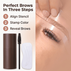 Three-step guide for Arenzza EasyBrow™ eyebrow shaping tool showing how to achieve symmetrical brows quickly.