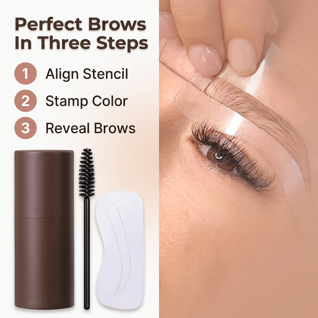 Three-step guide for Arenzza EasyBrow™ eyebrow shaping tool showing how to achieve symmetrical brows quickly.
