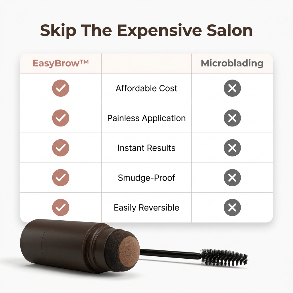 Comparison table for EasyBrow by Arenzza showing how to achieve flawless, symmetrical eyebrows in just one minute.