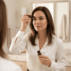 A woman using EasyBrow™ by Arenzza to shape flawless, symmetrical eyebrows in a modern lifestyle setting.
