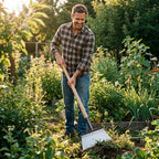 A person using the Arenzza multi-function metal scraper shovel for weeding and deep cleaning in a garden or outdoor scene.