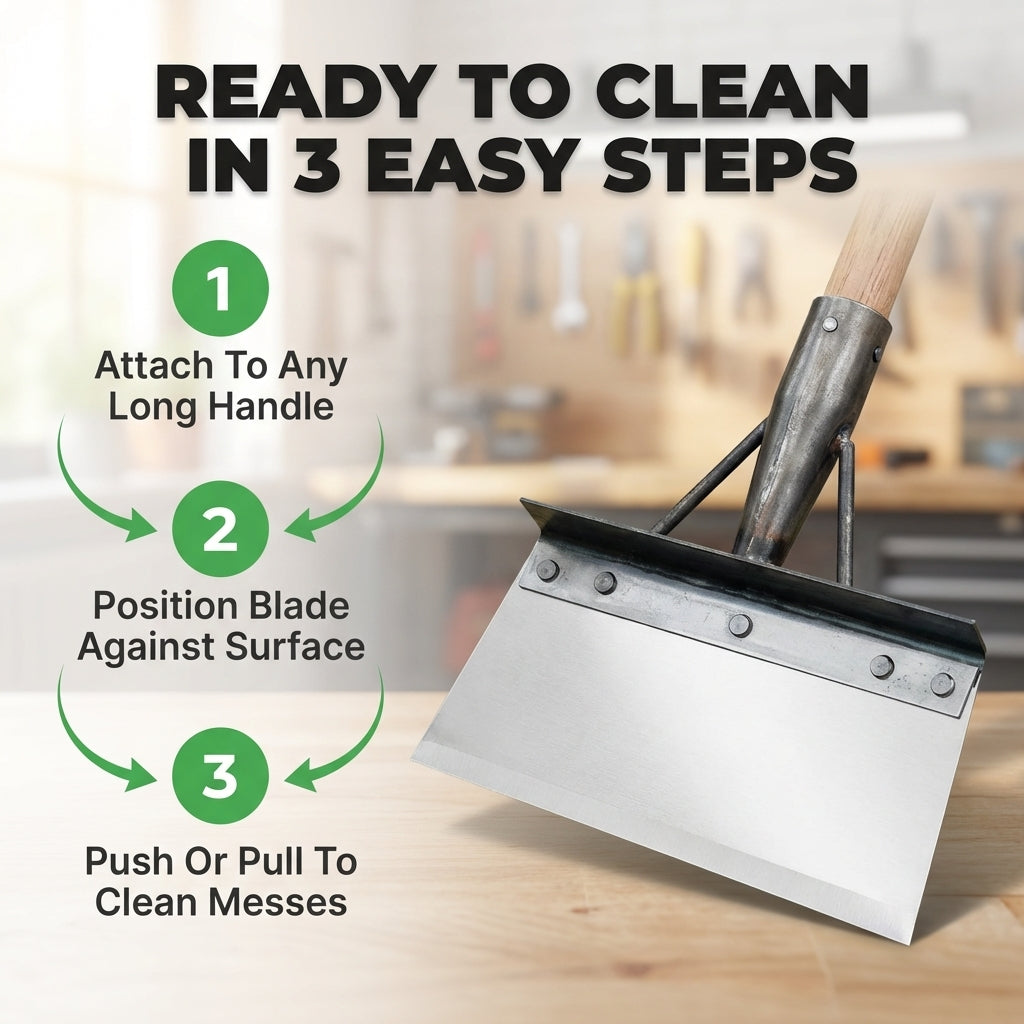 Arenzza multi-function metal scraper shovel with numbered steps for effortless weeding and deep cleaning, showing its ergonomic design.
