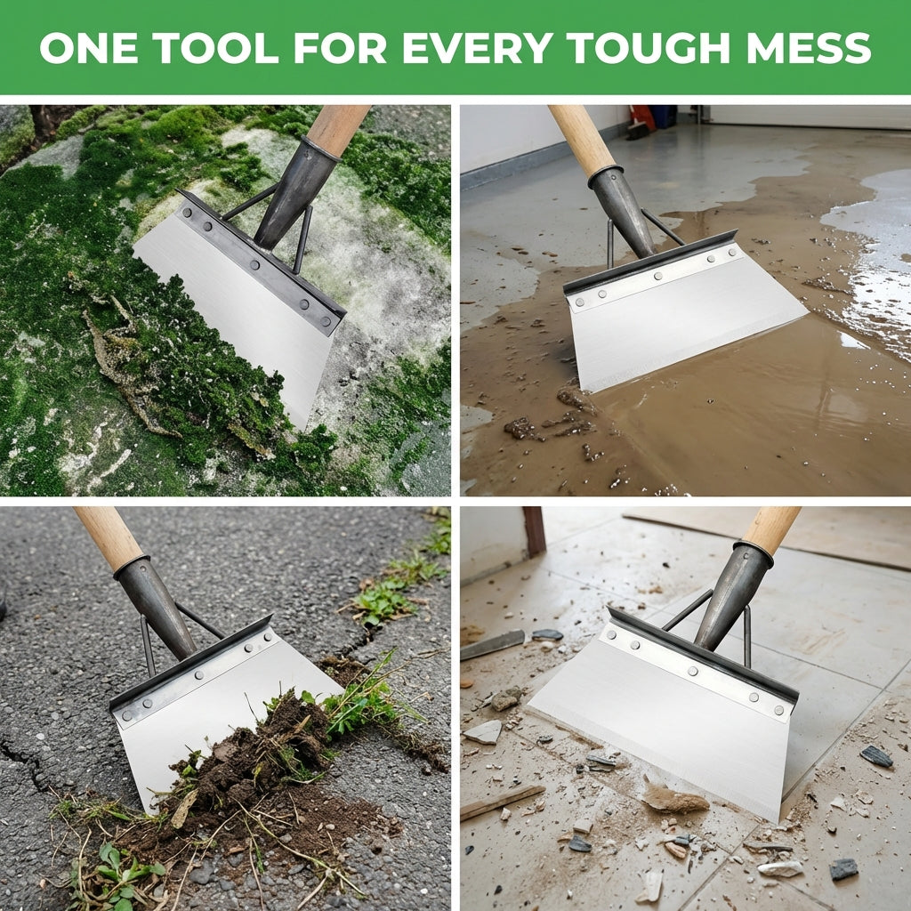 Arenzza multi-function cleaning scraper shovel with metal buttons, used for weeding and deep cleaning in a multi-panel grid display.