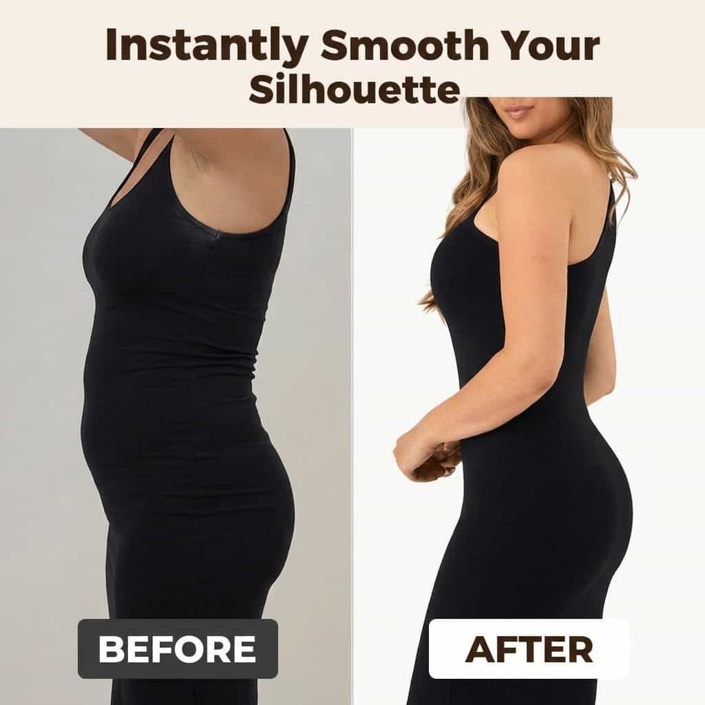 Arenzza ultra-thin shapewear shorts showing a side-by-side before and after comparison of body shaping and smoothing.