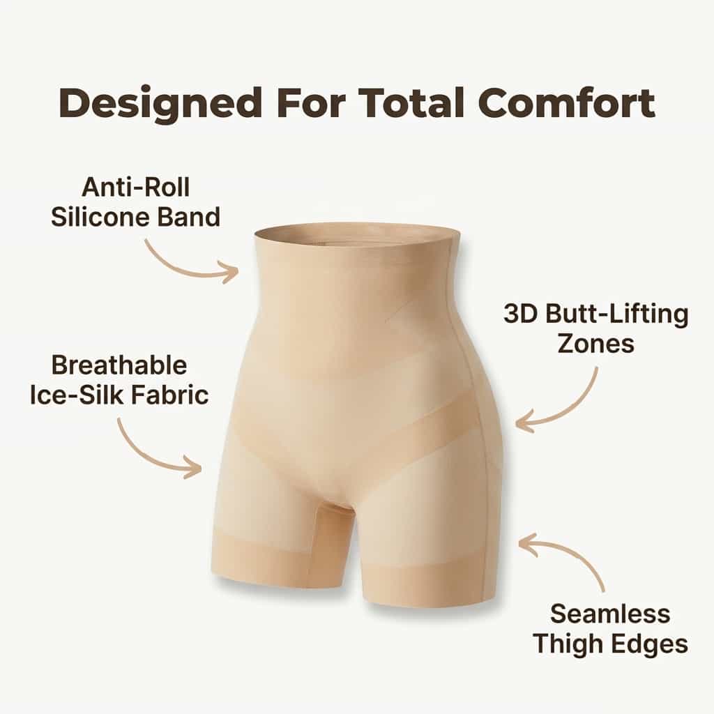 Arenzza ultra-thin shapewear shorts with tummy slimming design, shown with benefit callouts highlighting invisible shaping and comfort.