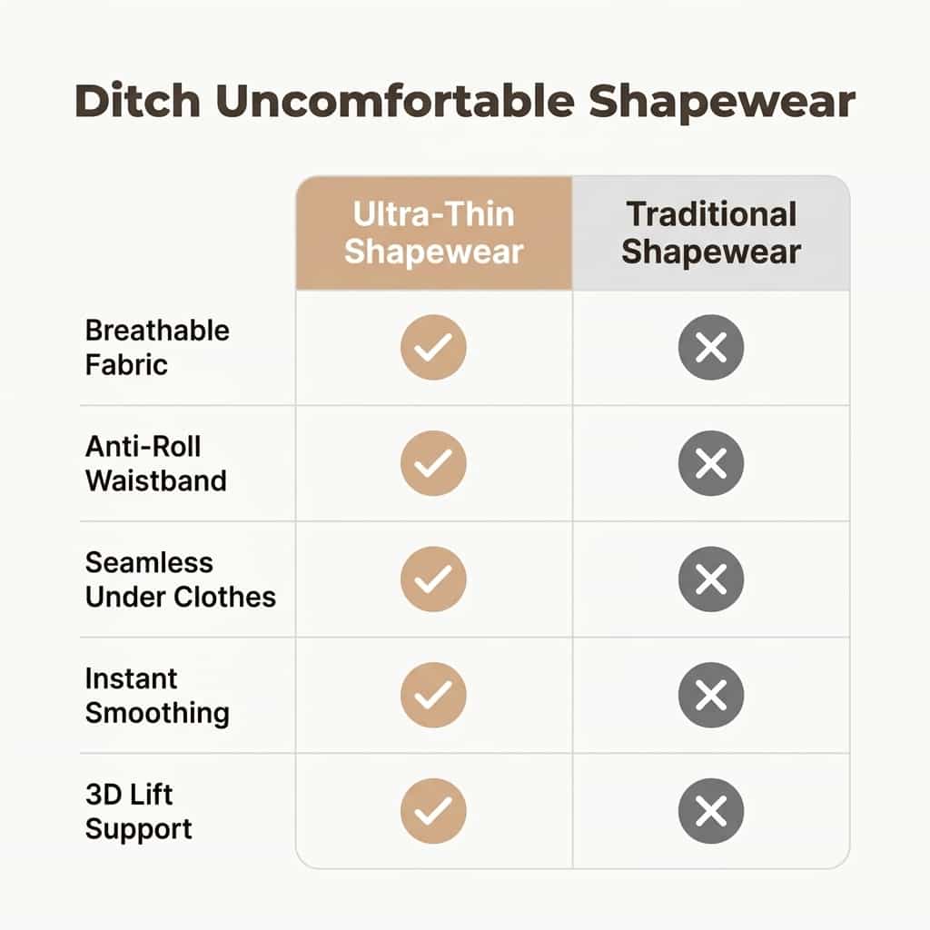 Comparison table showing Arenzza ultra-thin shapewear shorts and their shaping and comfort features.